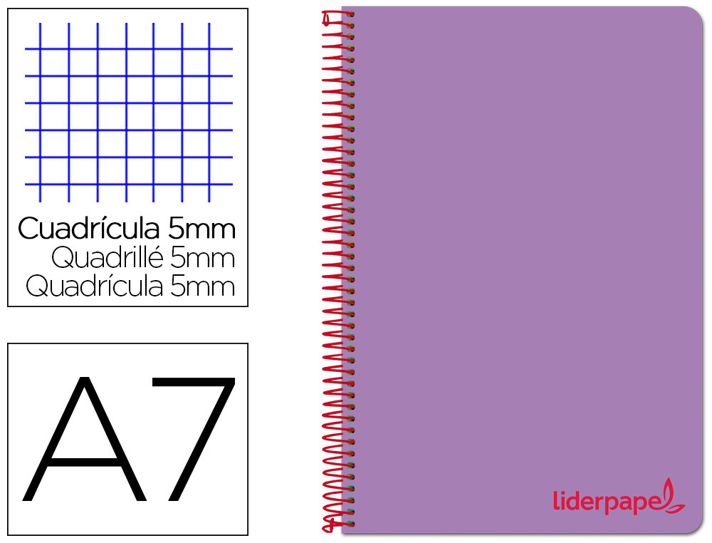 CADERNO ESPIRAL LIDERPAPEL WONDER MICRO DIN A7 CAPA PLASTICO 100 F 90 GR QUADRICULA 5MM 4 BANDAS DE CORES COR VIOLETA