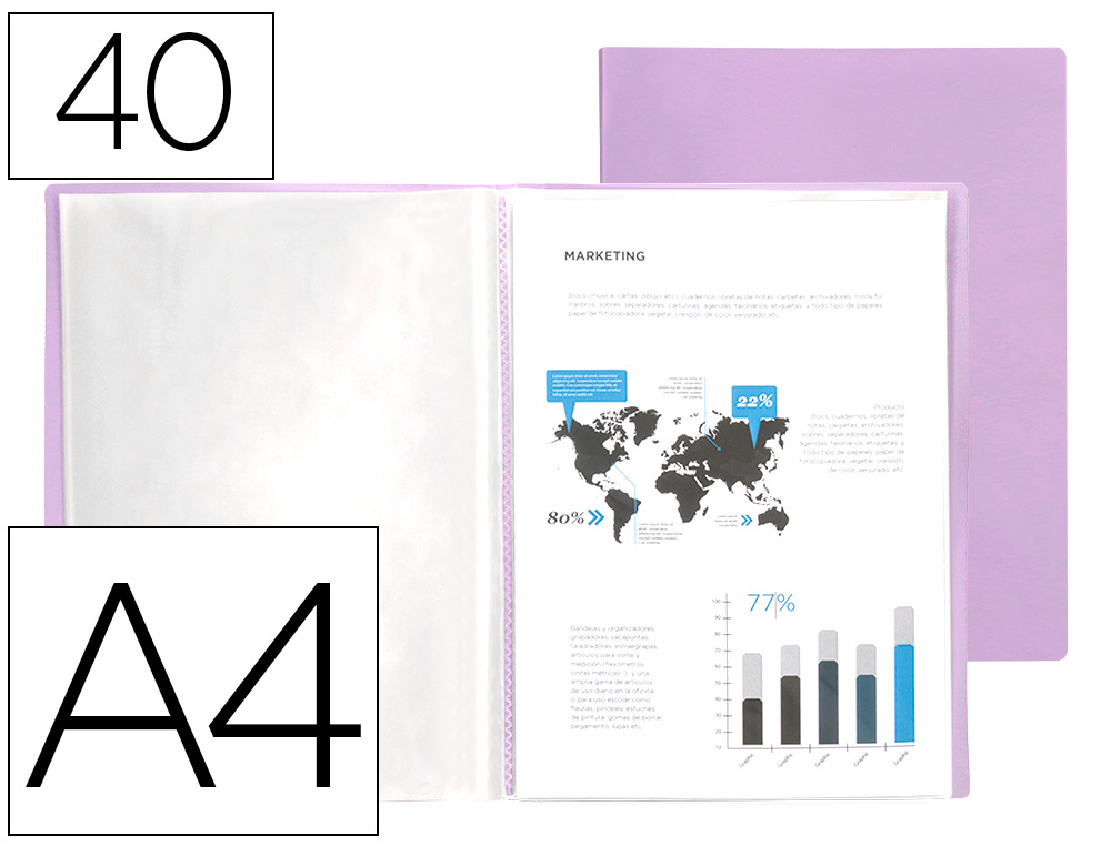CAPA CATALOGO LIDERPAPEL 40 BOLSAS POLIPROPILENO DIN A4 LAVANDA OPACO