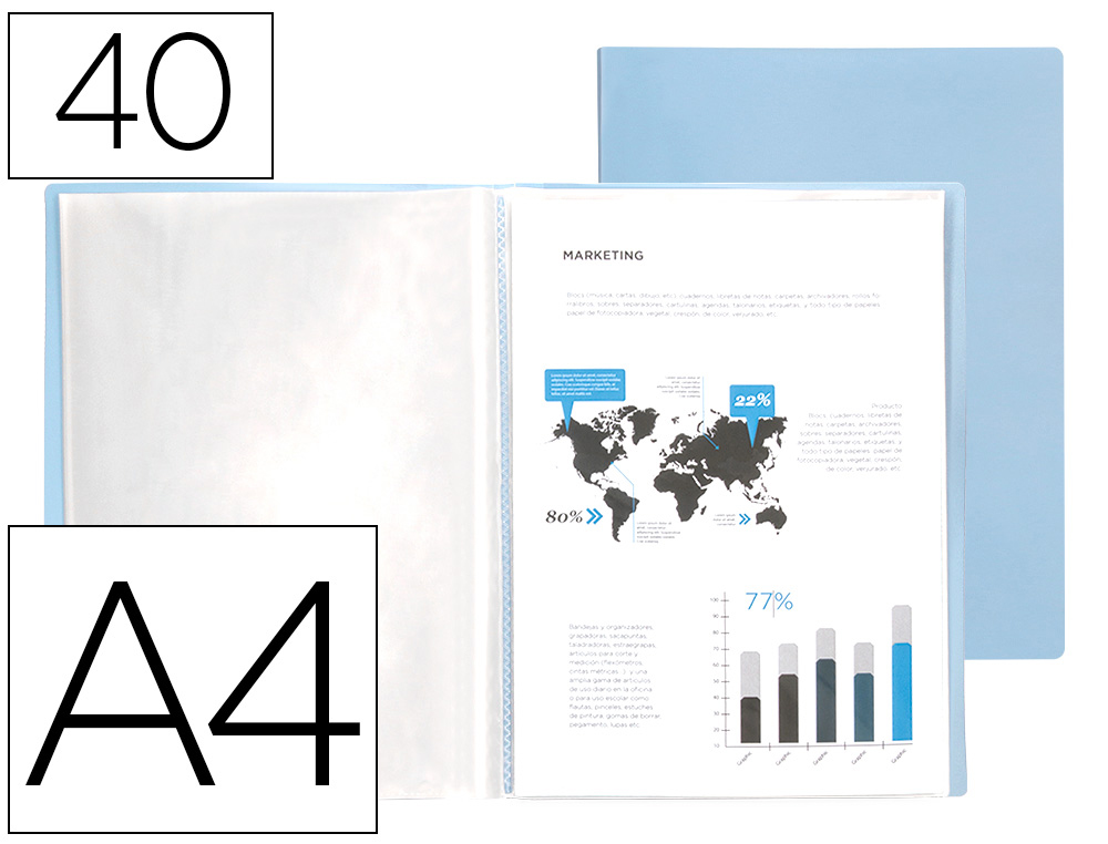 CAPA CATALOGO LIDERPAPEL 40 BOLSAS POLIPROPILENO DIN A4 CELESTE OPACO