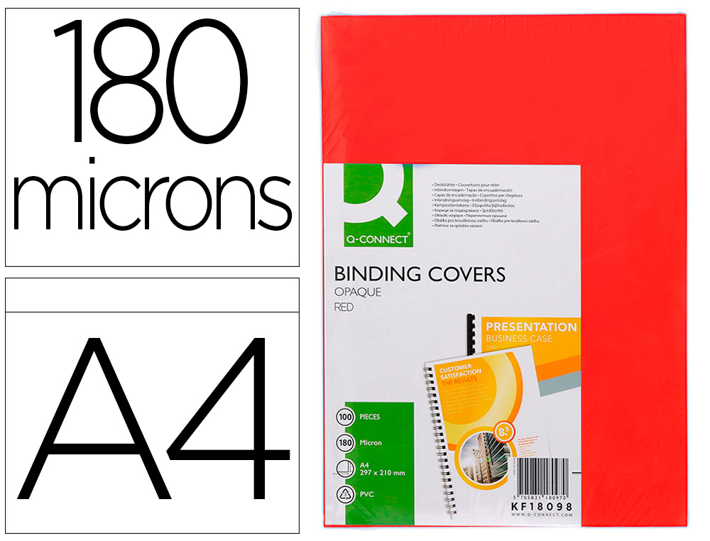 CAPA DE ENCADERNACAO Q-CONNECT PVC DIN A4 OPACA VERMELHO 180 MICRONS PACK DE 100 UNIDADES