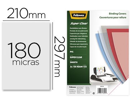 CAPA DE ENCADERNACAO FELLOWES PVC DIN A4 TRANSPARENTE CRISTAL 180 MICRONS PACK DE 100 UNIDADES