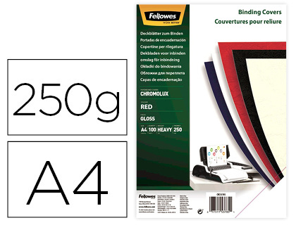 CAPA DE ENCADERNACAO FELLOWES CARTAO DIN A4 BRILHO VERMELHA CHROMOLUX 250 GR PACK DE 100 UNIDADES