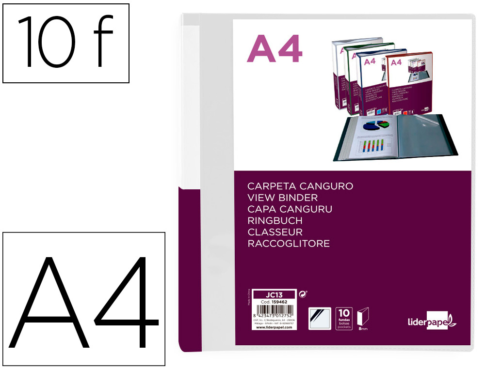 PASTA CANGURU LIDERPAPEL 10 BOLSAS POLIPROPILENO DIN A4 TRANSPARENTE CAPA E LOMBADA PERSONALIZAVEL