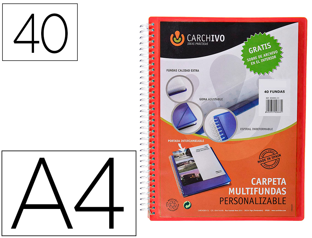 CAPA CATALOGO CARCHIVO ARCHIVEX POLIPROPILENO CANGURO COM ESPIRAL 40 BOLSAS FECHO ELASTICOS DIN A4 VERMELHO