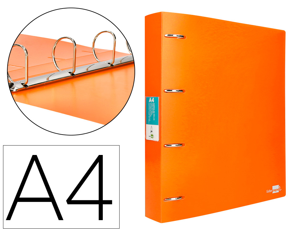 PASTA LIDERPAPEL POLIPROPILENO DIN A4 4 ANEIS MISTOS 40 MM LARANJA FLUOR OPACO