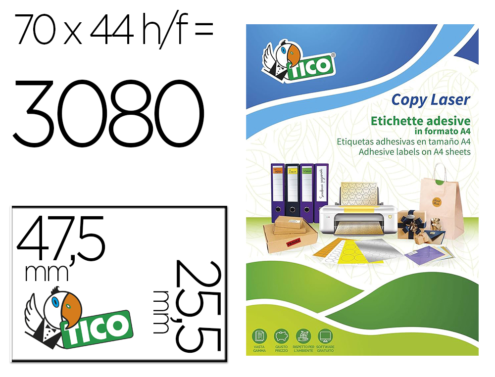 ETIQUETA ADESIVA TICO AMARELO FLUOR PERMANENTE CERTIFICADO FSC LASER/JATO TINTA/FOTOCOPIA 47,5X25,5 MM CAIXA 3080 UDS