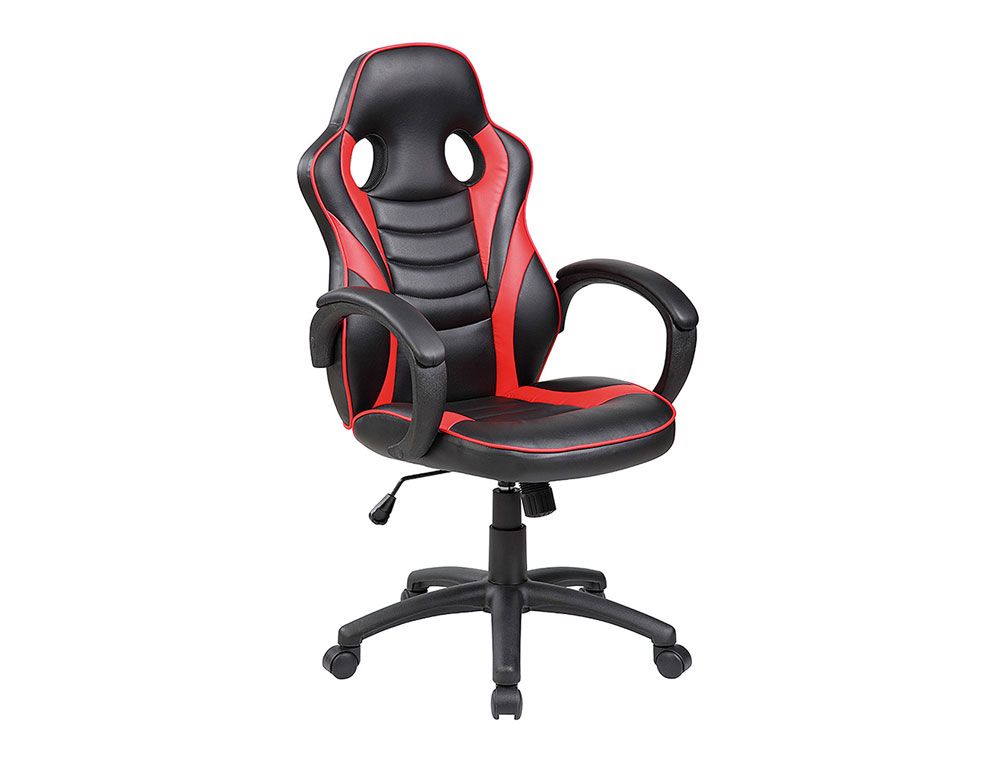 CADEIRA ROCADA GAMING BRACOS FIXOS BASE NYLON COM RODAS BASCULANTE IMITACAO PELE PRETO/VERMELHO 480X490X1060-1160 MM