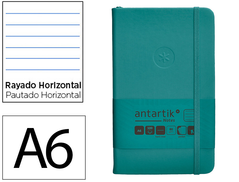 CADERNO COM ELASTICO ANTARTIK NOTES CAPA DURA A6 PAUTADO VERDE AGUA-MARINHA 100 FOLHAS 80 GR FSC