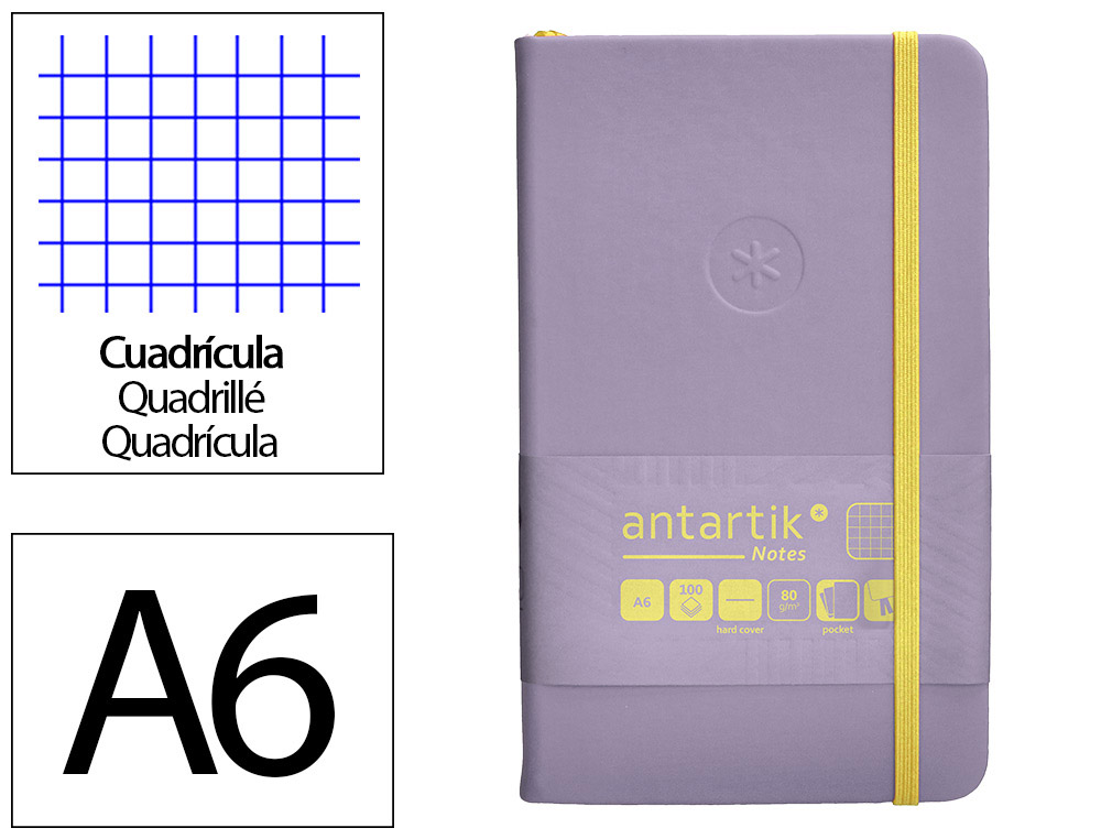 CADERNO COM ELASTICO ANTARTIK NOTES CAPA DURA A6 QUADRICULADO ROXO E AMARELO 100 FOLHAS 80 GR FSC