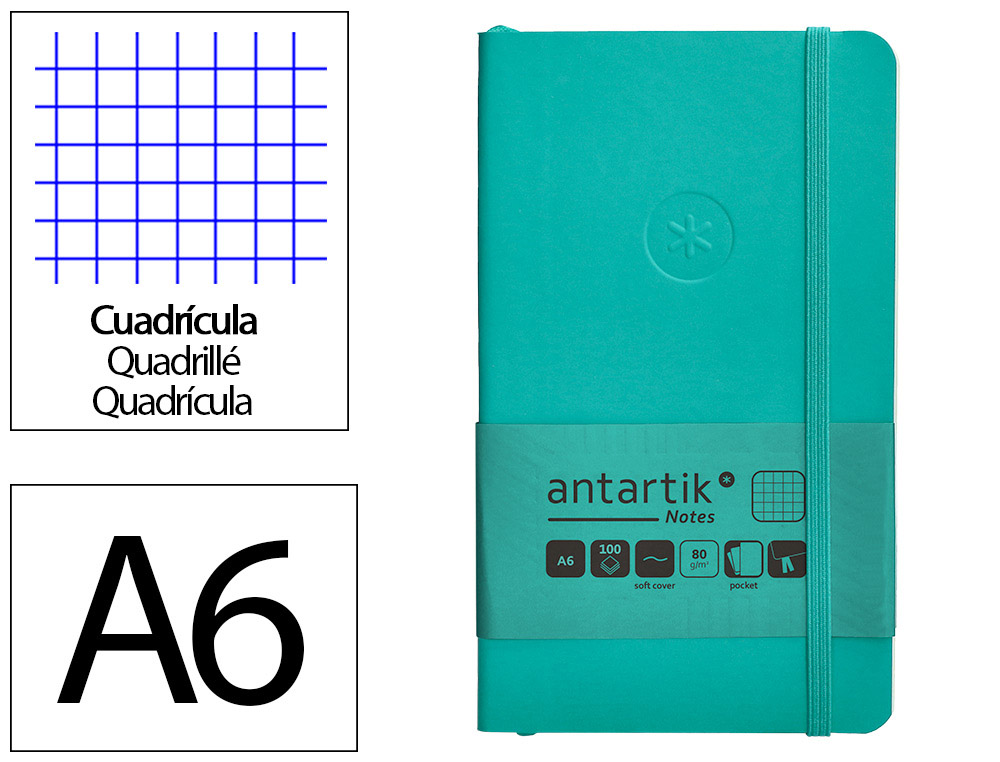 CADERNO COM ELASTICO ANTARTIK NOTES CAPA MOLE A6 QUADRICULADO TURQUESA 100 FOLHAS 80 GR FSC