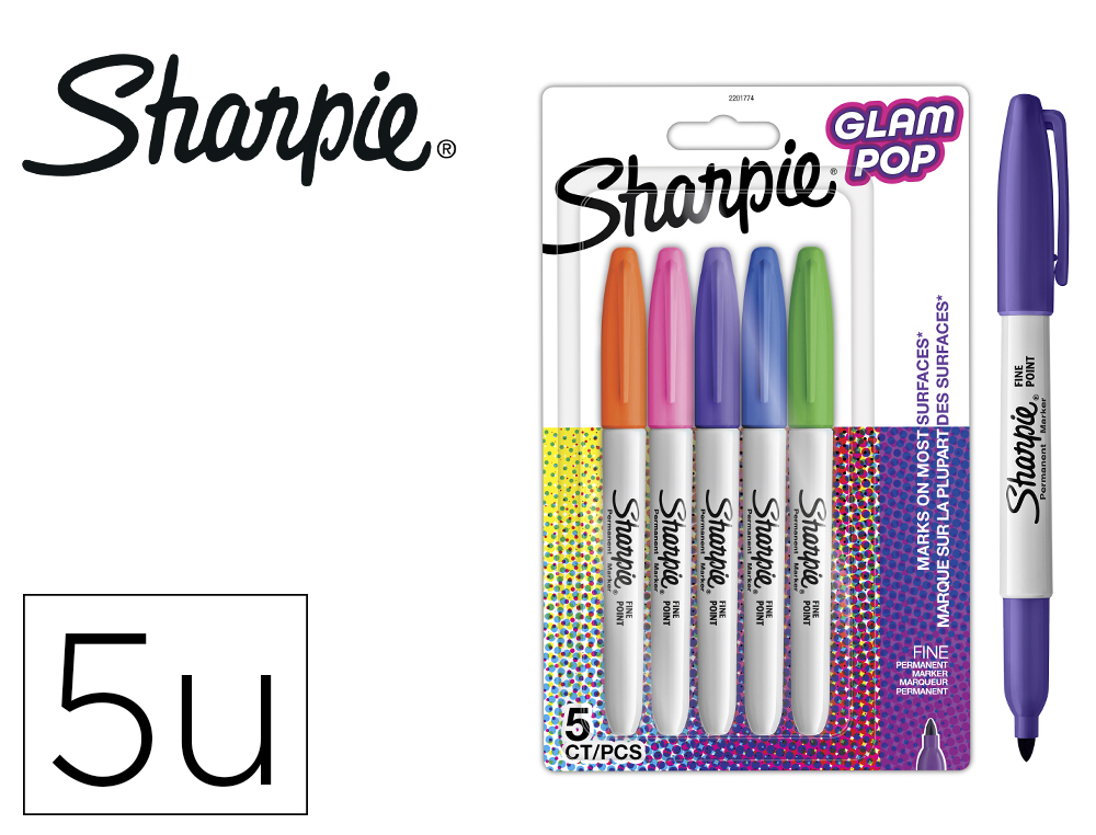 MARCADOR SHARPIE PERMANENTE FINO GLAM POP BLISTER DE 5 UNIDADES CORES SORTIDAS