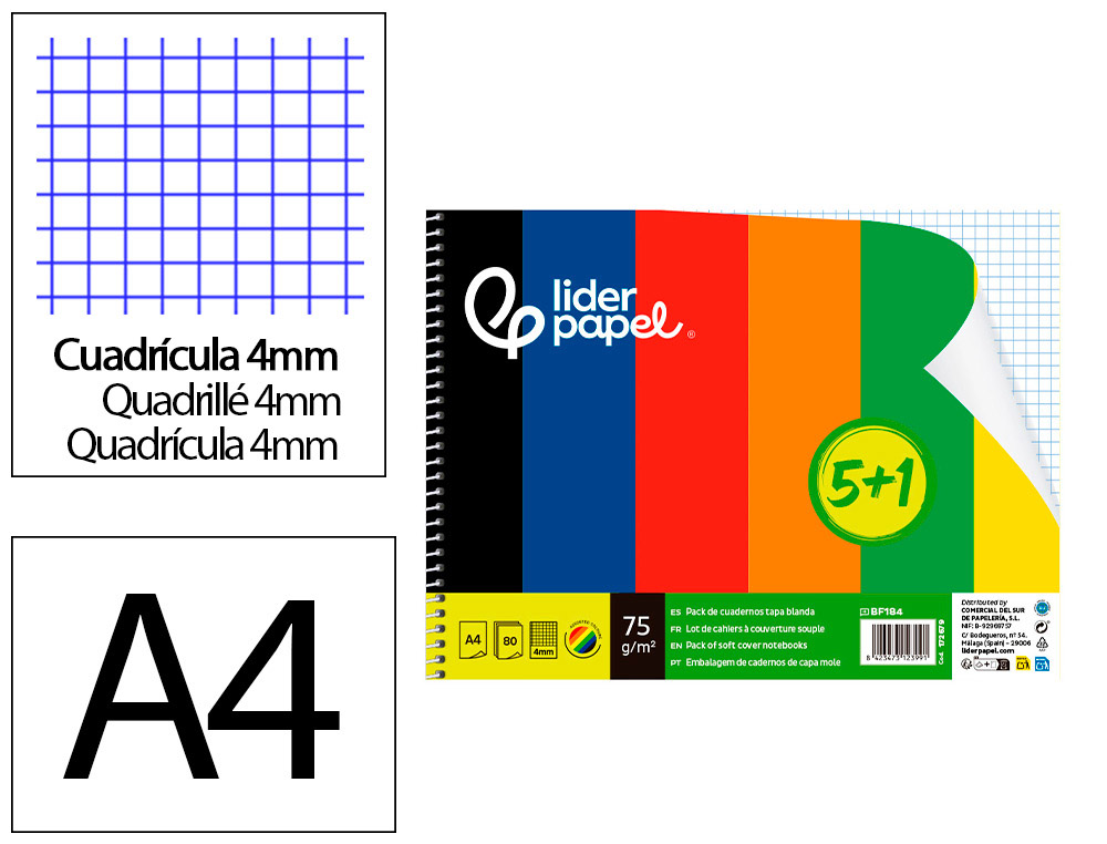 CADERNO ESPIRAL LIDERPAPEL DIN A4 SMART CAPA SUAVE 80 F 75 GR QUADRICULA 4MM COM MARGEM PACK 5+1 CORES SORTIDAS