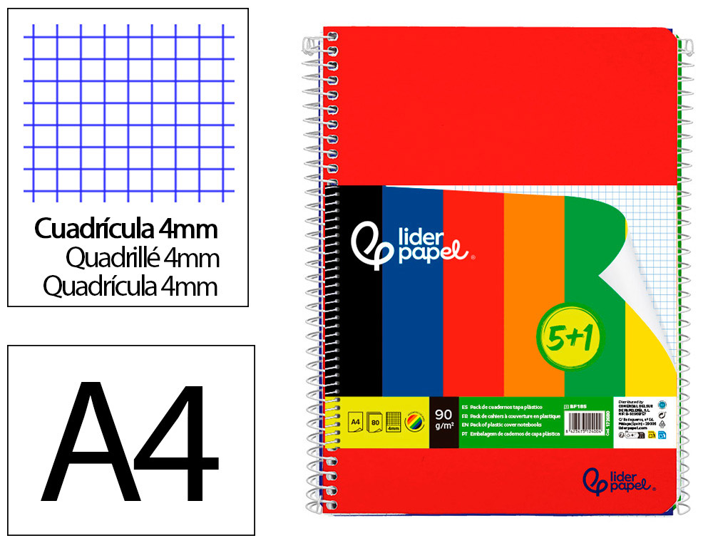CADERNO ESPIRAL LIDERPAPEL DIN A4 CAPA POLIPROPILENO 80 F 75 GR QUADRICULA 4MM COM MARGEM PACK 5+1 CORES SORTIDAS