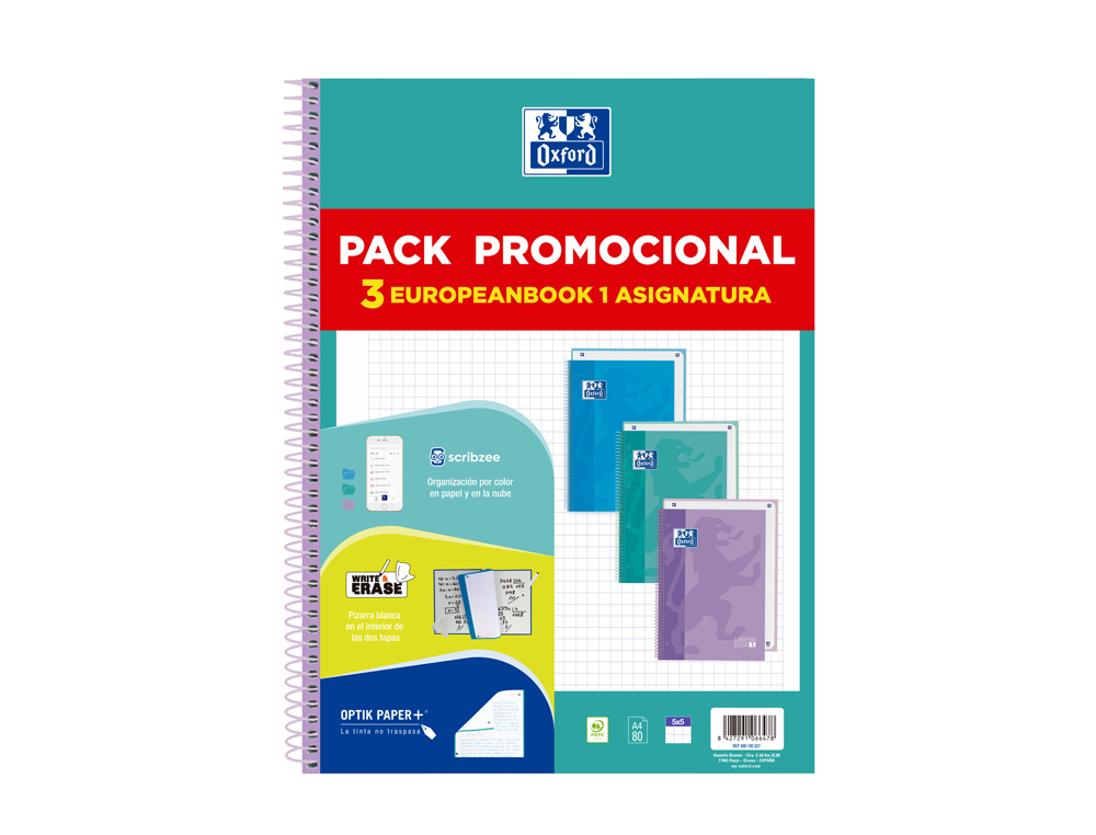 CUADERNO ESPIRAL OXFORD EBOOK 1 TOUCH TAPA EXTRADURA DIN A4+ 80H CUADRO 5 MM PACK DE 3 UNIDADES COLORES PASTEL
