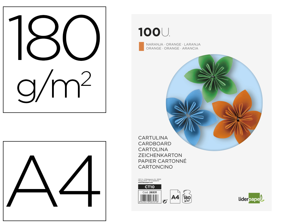 CARTOLINA LIDERPAPEL DIN A4 180 GR LARANJA FORTE PACK DE 100 UNIDADES