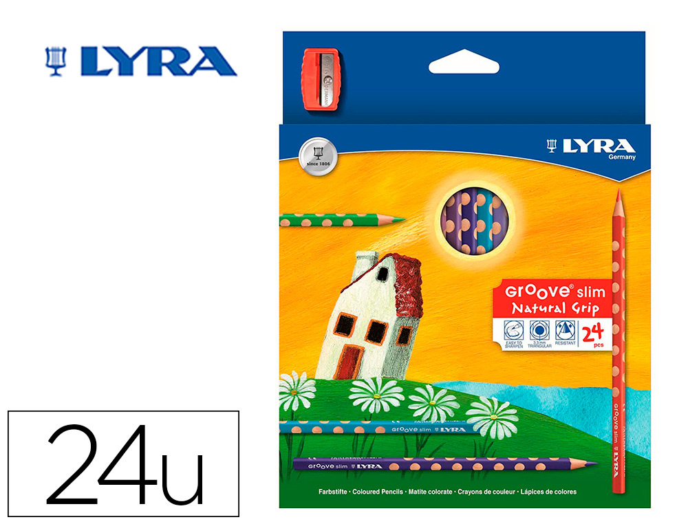 LAPIS DE COR LYRA GROOVE SLIM TRIANGULAR MINAS DE 3,3 MM CAIXA DE 24 CORES + APARA LAPIS