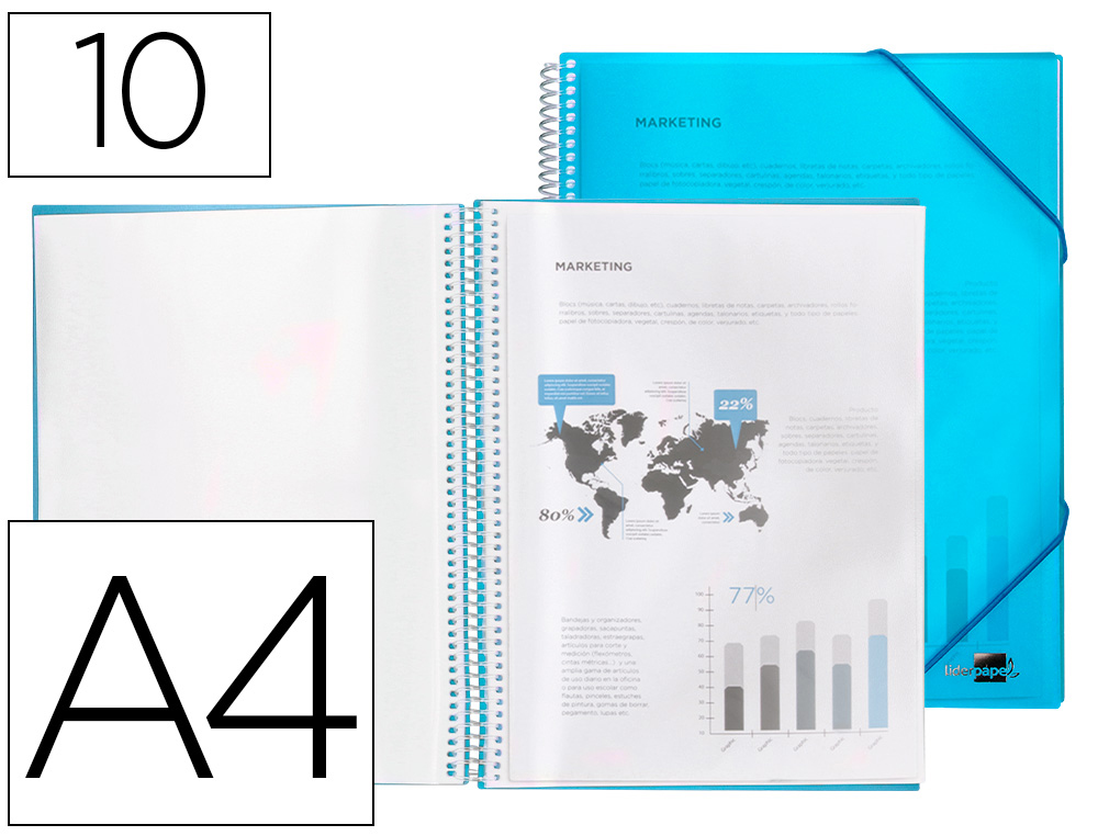 CAPA CATALOGO LIDERPAPEL COM ESPIRAL 10 BOLSAS POLIPROPILENO DIN A4 AZUL
