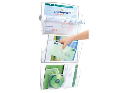 EXPOSITOR MURAL CEP DE PAREDE 3 BANDEJAS DIN A4 TRANSPARENTE 361X86X718 MM