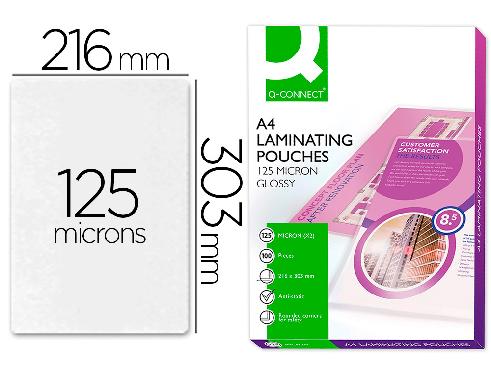BOLSA DE PLASTIFICAR Q-CONNECT 303 X 216 MM 125 MICRONS DIN A4 A CAIXA DE 100 UNIDADES