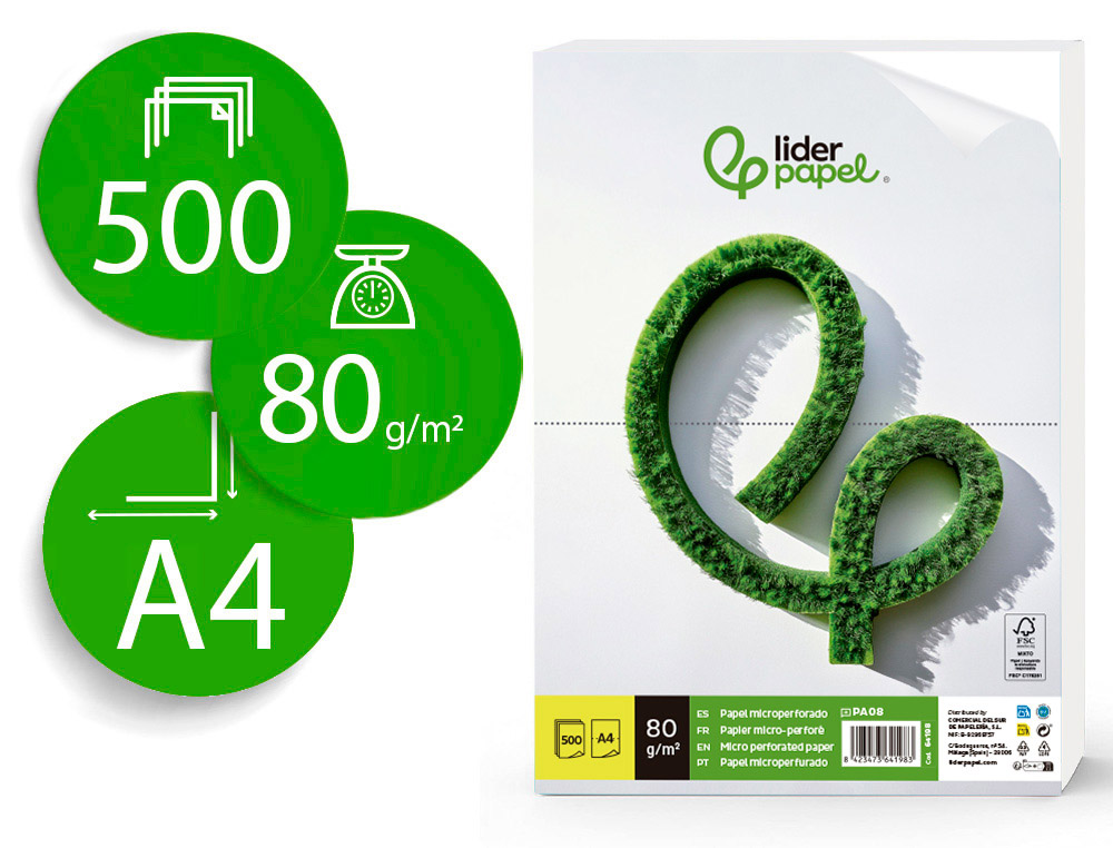 PAPEL LIDERPAPEL DIN A4 80 GR BRANCO MICROPERFURADO EM DUAS PARTES IGUAIS EMBALAGEM DE 500 FOLHAS