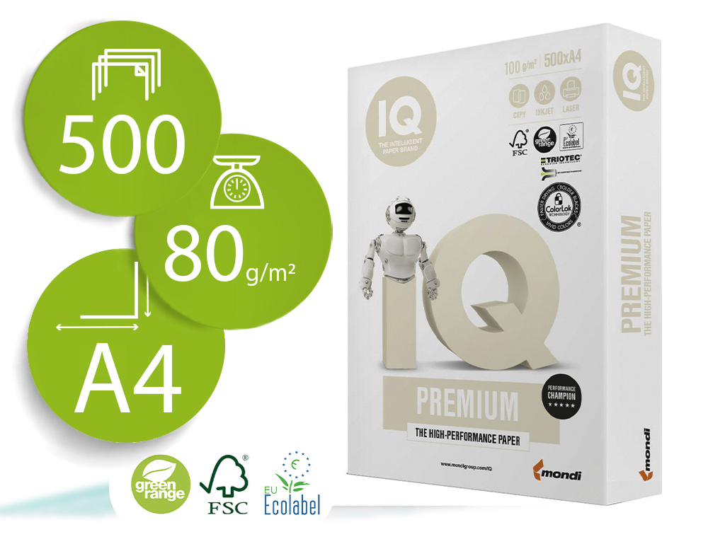 PAPEL FOTOCOPIA IQ PREMIUM DIN A4 100 GR EMBALAGEM DE 500 FOLHAS