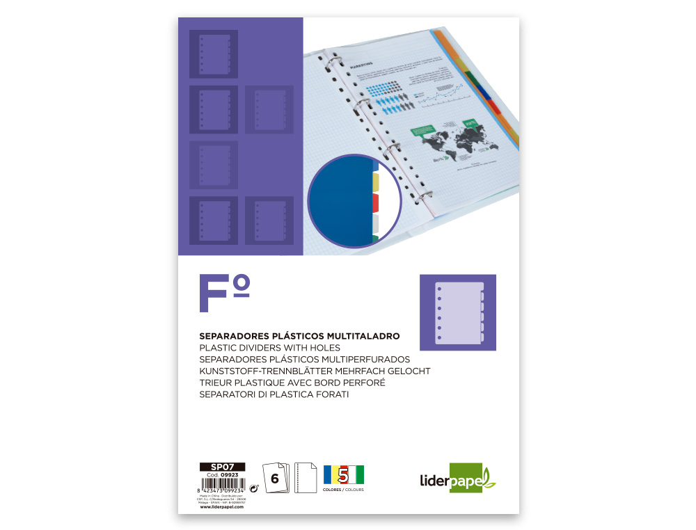 SEPARADOR LIDERPAPEL EM PLASTICO CONJUNTO DE 6 SEPARADORES FOLIO 16 FUROS