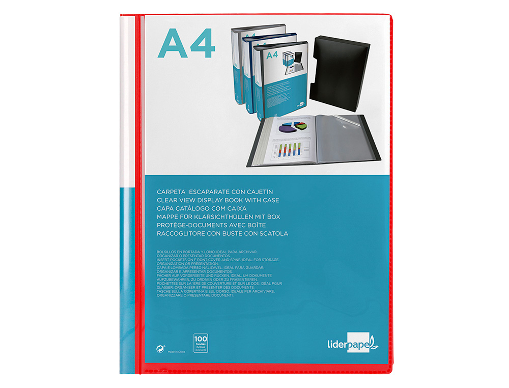 CAPA CATALOGO LIDERPAPEL 100 BOLSAS DIN A4 VERMELHO TRANSLUCIDO COM CAIXA