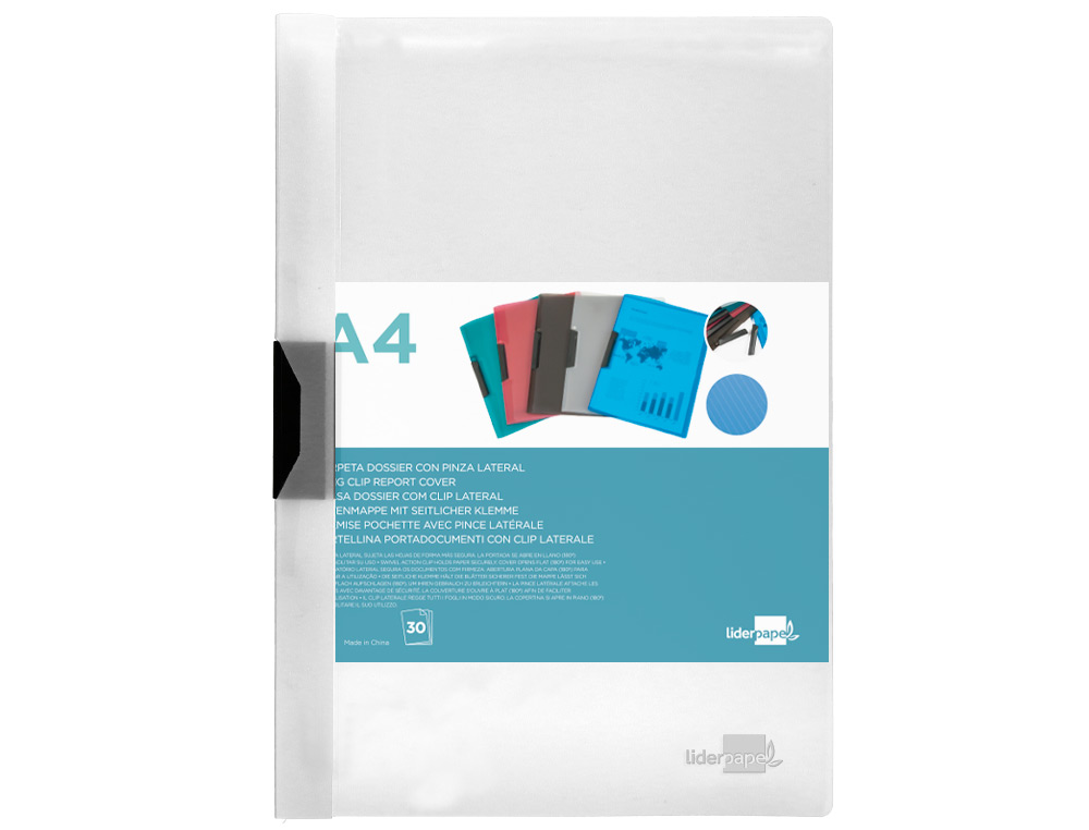BOLSA DOSSIER LIDERPAPEL COM CLIP LATERAL DIN A4 TRANSPARENTE 30 FOLHAS