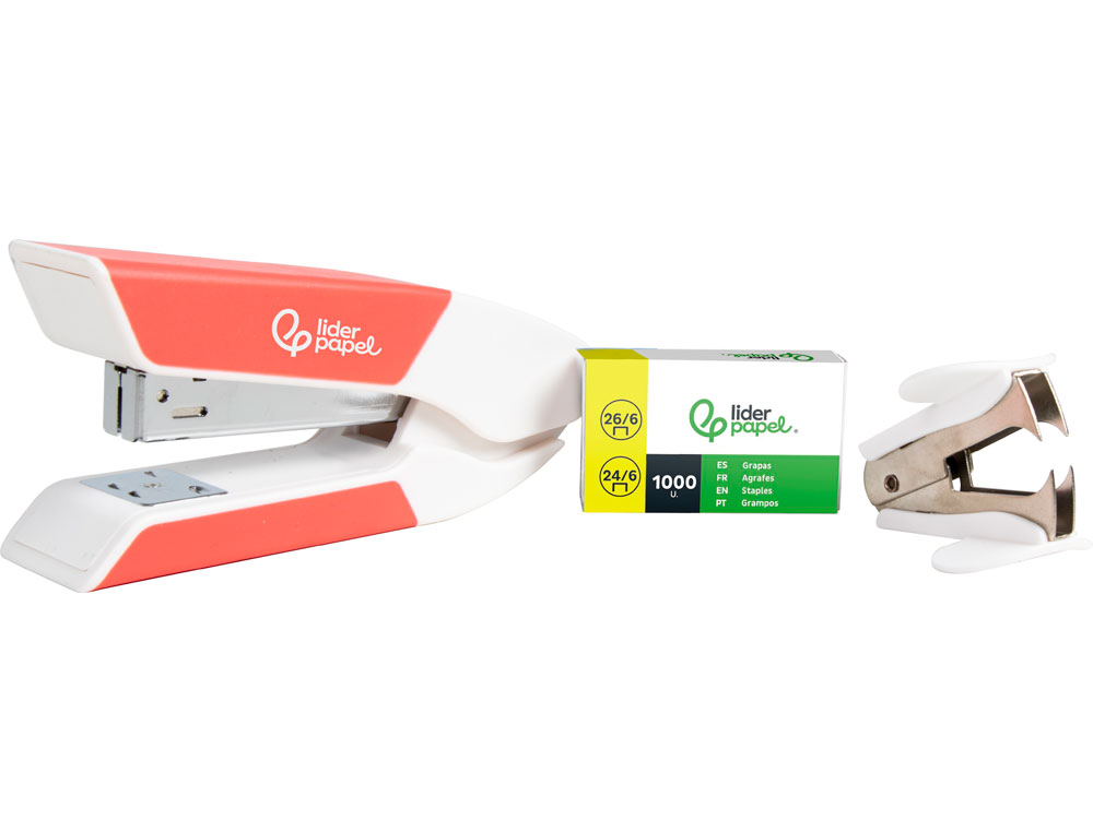 AGRAFADOR LIDERPAPEL COM OFERTA DE SACA AGRAFES E CAIXA DE 1000 AGRAFES 22/6 24/6 CAPACIDADE 20F COR CORAL