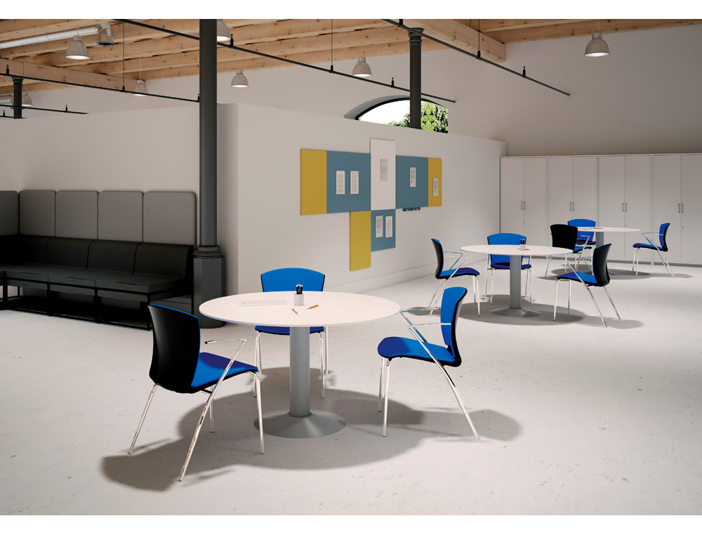 MESA DE REUNIAO ROCADA MEETING 3005ATW01 ESTRUTURA COLUNA ACO BRANCO TABULEIRO EM MADEIRA FAIA 100 CM DIAMETRO