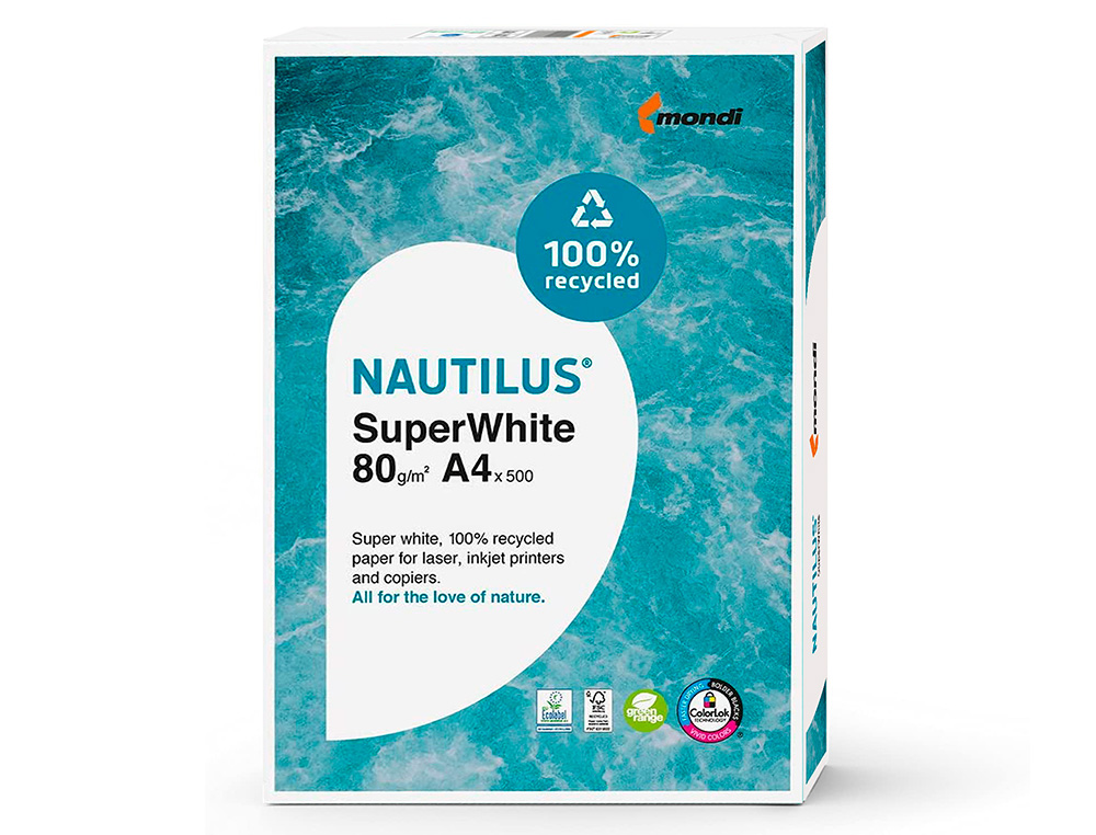 PAPEL FOTOCOPIA NAUTILUS SUPERWHITE 100% RECICLADO DIN A4 80 GR EMBALAGEM DE 500 FOLHAS