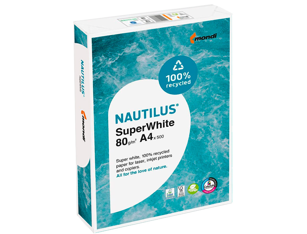 PAPEL FOTOCOPIA NAUTILUS SUPERWHITE 100% RECICLADO DIN A4 80 GR EMBALAGEM DE 500 FOLHAS