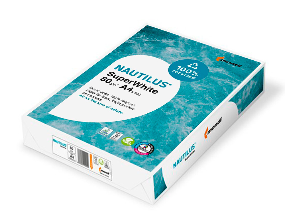 PAPEL FOTOCOPIA NAUTILUS SUPERWHITE 100% RECICLADO DIN A4 80 GR EMBALAGEM DE 500 FOLHAS