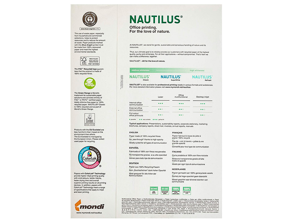 PAPEL FOTOCOPIA NAUTILUS SUPERWHITE 100% RECICLADO DIN A4 80 GR EMBALAGEM DE 500 FOLHAS