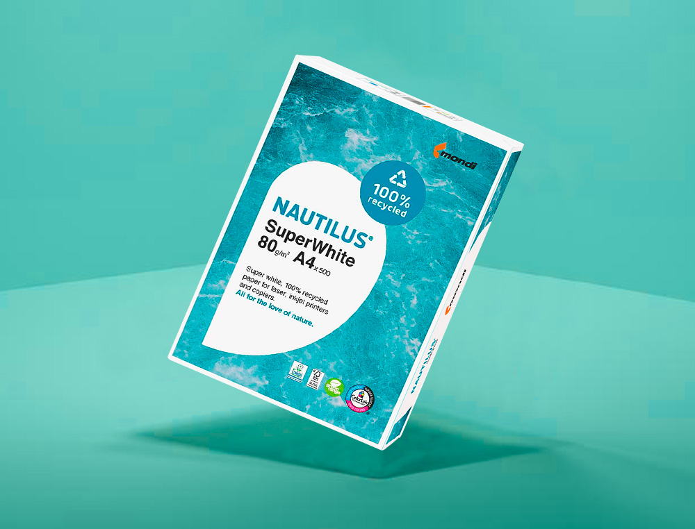 PAPEL FOTOCOPIA NAUTILUS SUPERWHITE 100% RECICLADO DIN A4 80 GR EMBALAGEM DE 500 FOLHAS