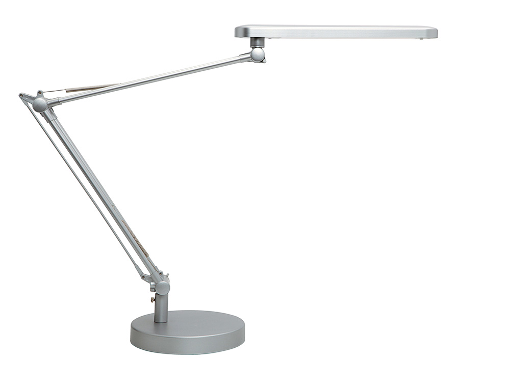 CANDEEIRO DE ESCRITORIO UNILUXLED 5,6W DUPLO BRACO ARTICULADO ABS E ALUMINIO CINZA METALIZADO BASE 19CM DIAMETRO