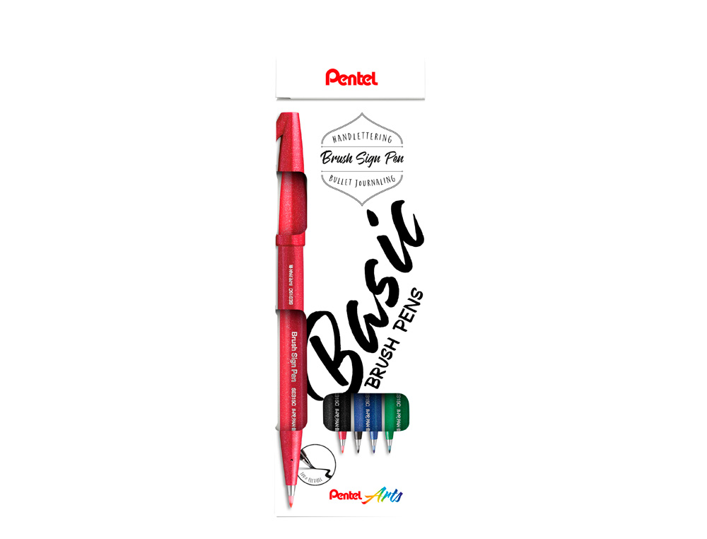 CANETA PINCEL PENTEL TOUCH EM BLISTER DE 4 CORES PRETO VERMELHO AZUL E VERDE