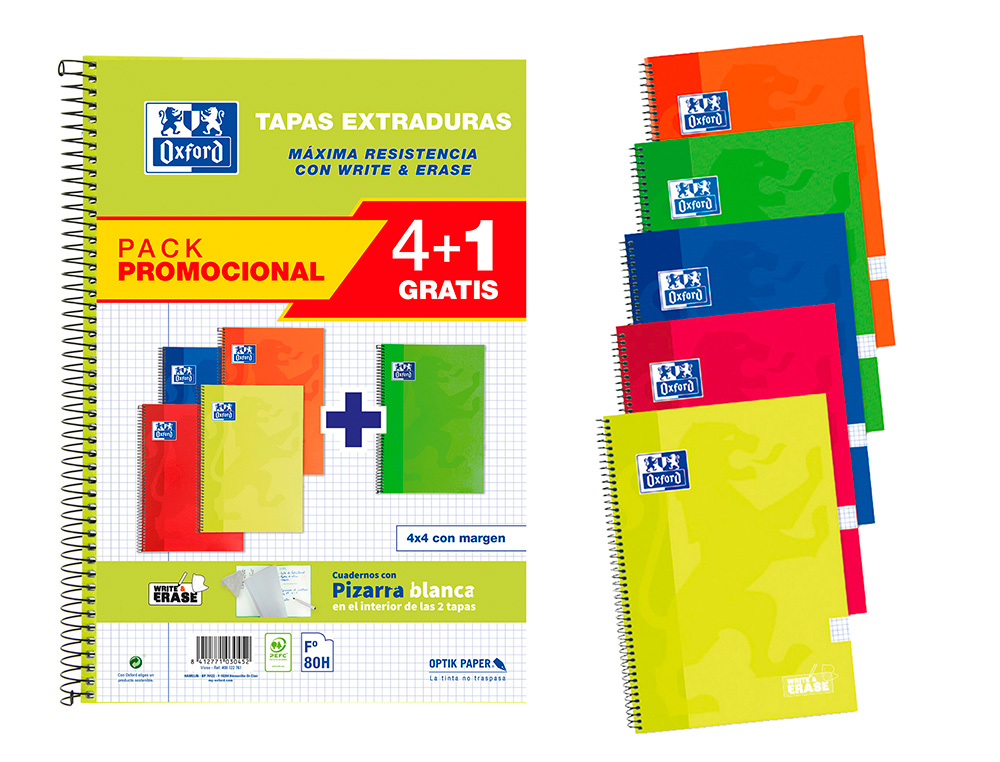 CADERNO ESPIRAL OXFORD CAPA EXTRADURA FOLIO 80 FOLHAS QUADRICULA 4 MM WRITE&ERASE QUADRO PACK 4+1 UNIDADES CORES VIVAS