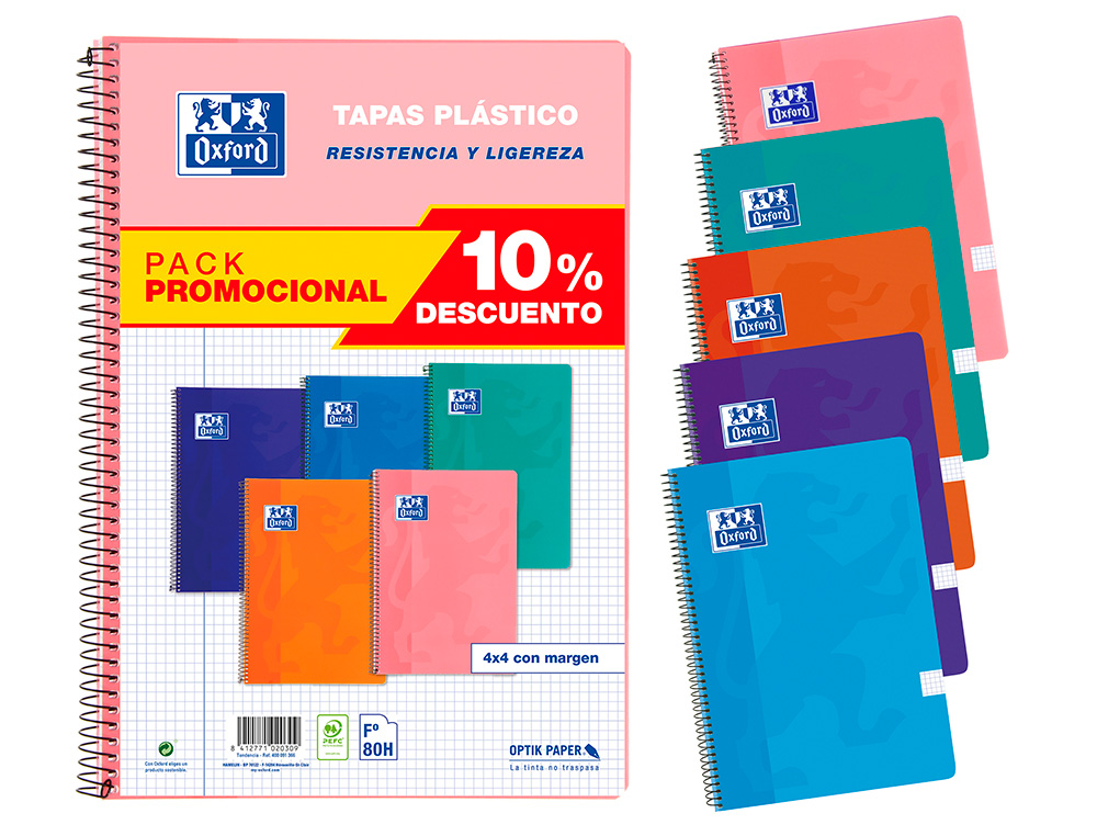 CADERNO ESPIRAL OXFORD CAPA PLASTICO FOLIO 80 FOLHAS QUADRICULA 4 MM PACK 5 UNIDADES CORES TENDENCIAS
