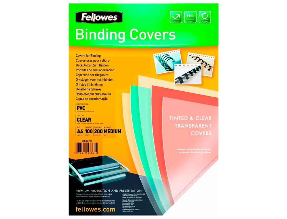 CAPA DE ENCADERNACAO FELLOWES PVC DIN A4 TRANSPARENTE CRISTAL 180 MICRONS PACK DE 100 UNIDADES