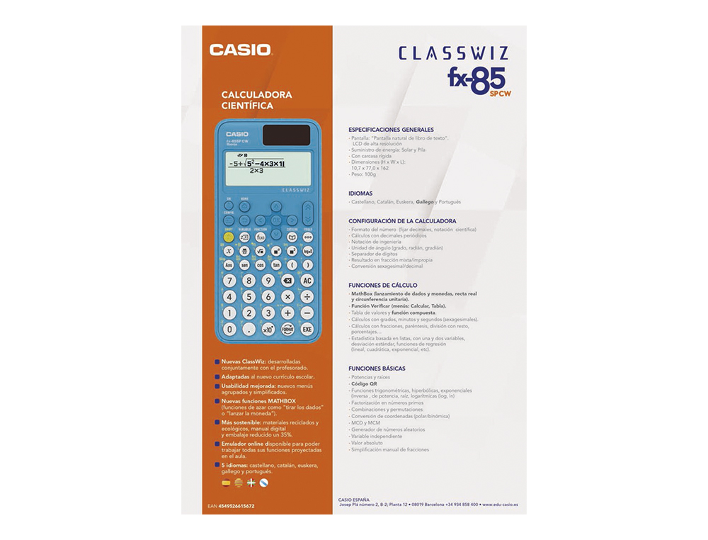 CALCULADORA CASIO FX-85SP CW IBERIA SOLAR CIENTIFICA 300 FUNCOES 9 MEMORIAS 15+10+2 DIGITOS 16 MB FLASH COM CAPA