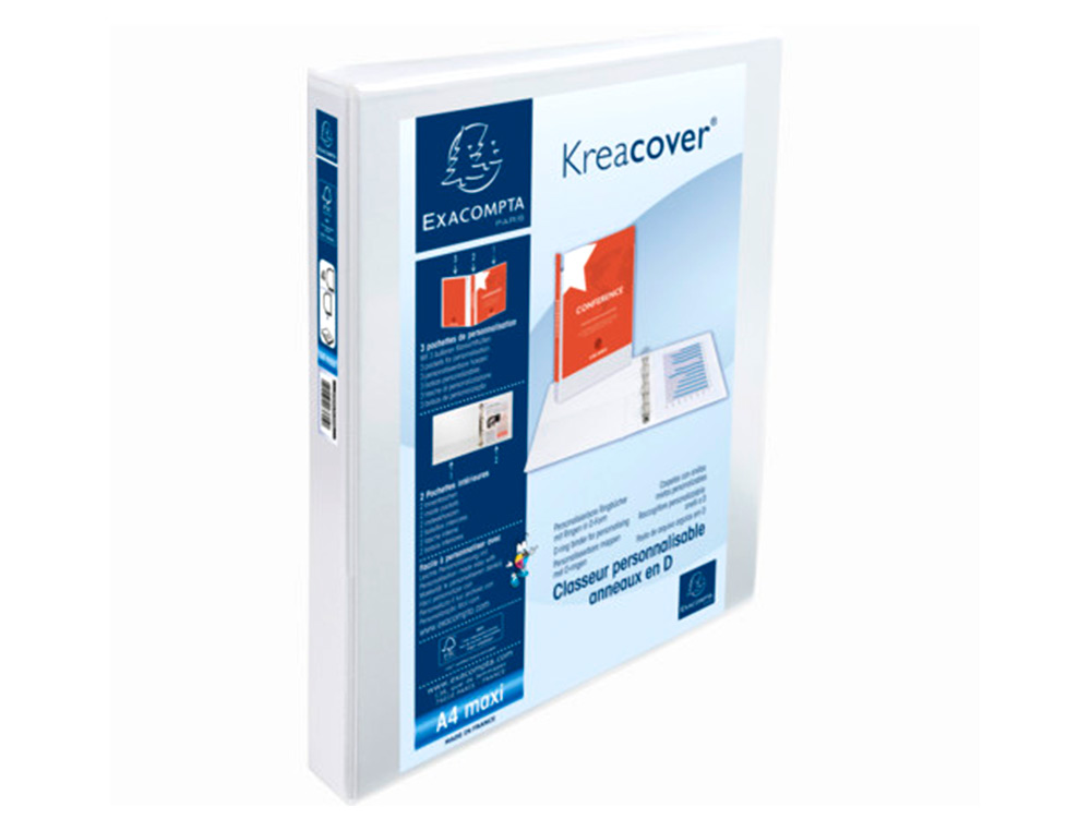 PASTA EXACOMPTA CANGURO 4 ANEIS 30 MM DIN A4+ CARTAO FORRADO POLIPROPILENO PERSONALIZAVEL 3 BOLSOS BRANCA