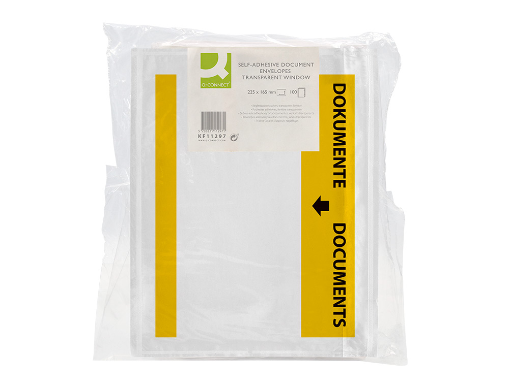ENVELOPE AUTOADESIVO Q-CONNECT PORTA DOCUMENTOS MULTILINGUE 225X165 MM JANELA TRANSPARENTE PACK DE 100 UNIDADES