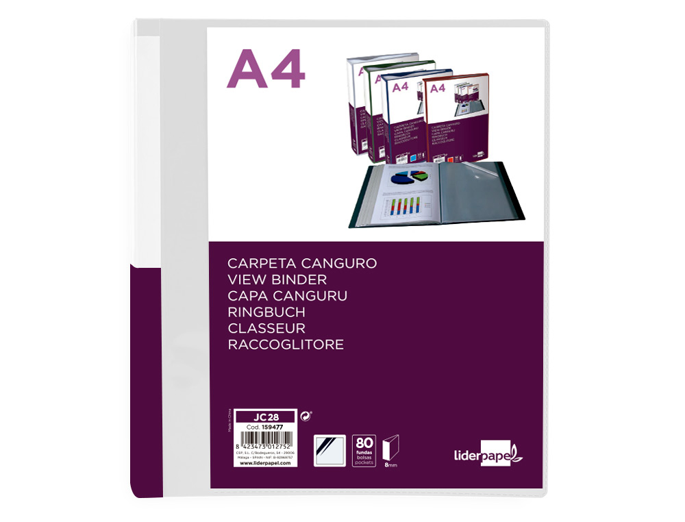 PASTA CANGURU LIDERPAPEL 80 BOLSAS POLIPROPILENO DIN A4 TRANSPARENTE CAPA E LOMBADA PERSONALIZAVEL