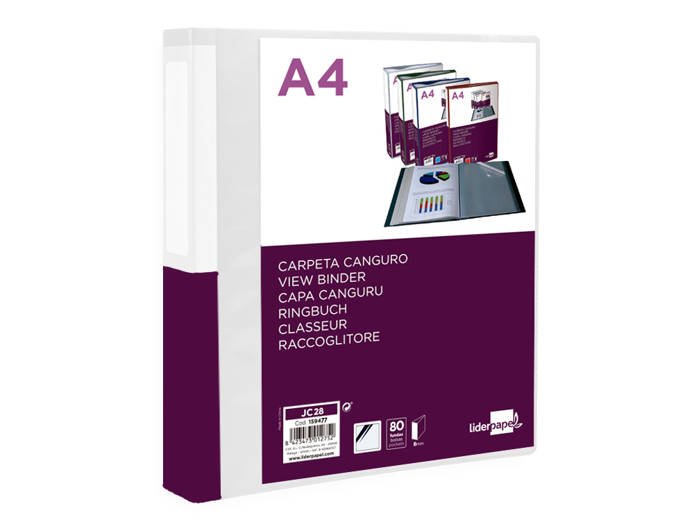 PASTA CANGURU LIDERPAPEL 80 BOLSAS POLIPROPILENO DIN A4 TRANSPARENTE CAPA E LOMBADA PERSONALIZAVEL