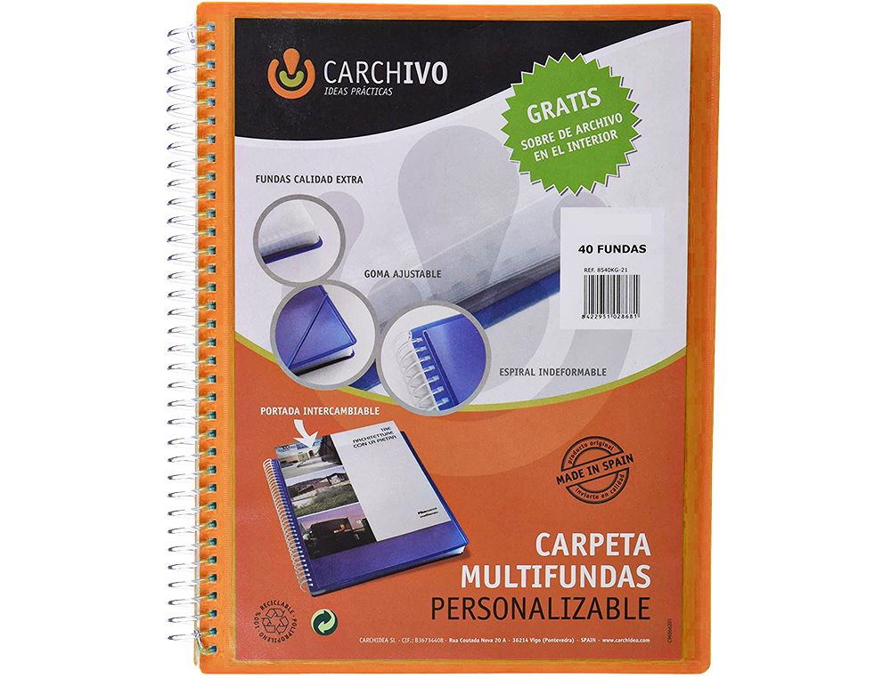 CAPA CATALOGO CARCHIVO ARCHIVEX POLIPROPILENO CANGURO COM ESPIRAL 40 BOLSAS FECHO ELASTICO DIN A4 LARANJA