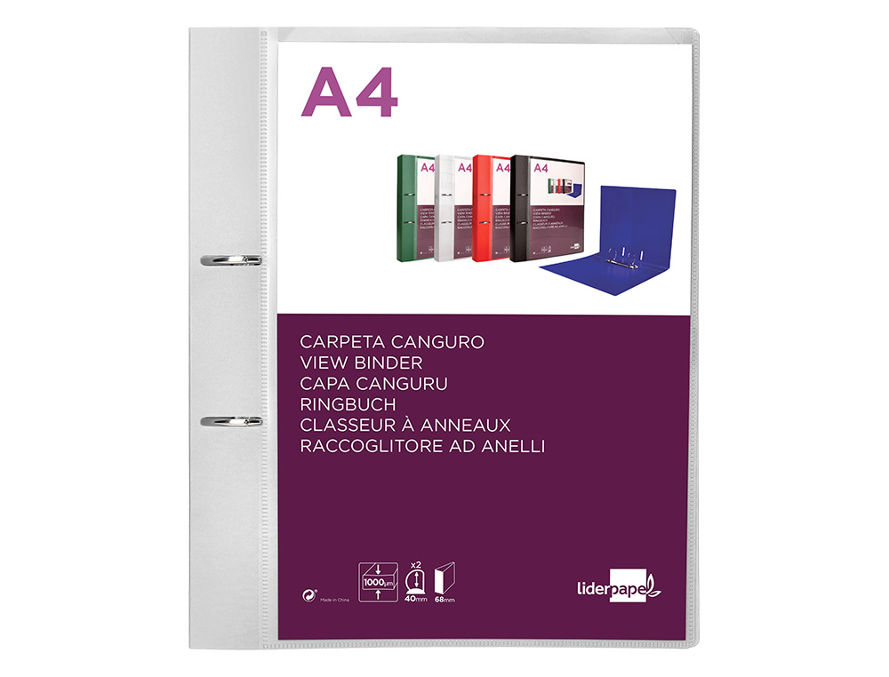 PASTA CANGURU LIDERPAPEL POLIPROPILENO DIN A4 2 ANEIS 40 MM MISTOS TRANSPARENTE