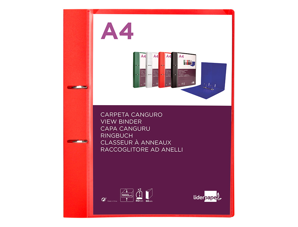 PASTA CANGURU LIDERPAPEL POLIPROPILENO DIN A4 2 ANEIS 40 MM MISTOS VERMELHO TRANSLICUDO