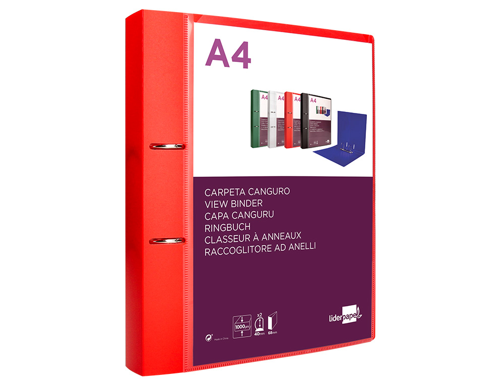 PASTA CANGURU LIDERPAPEL POLIPROPILENO DIN A4 2 ANEIS 40 MM MISTOS VERMELHO TRANSLICUDO