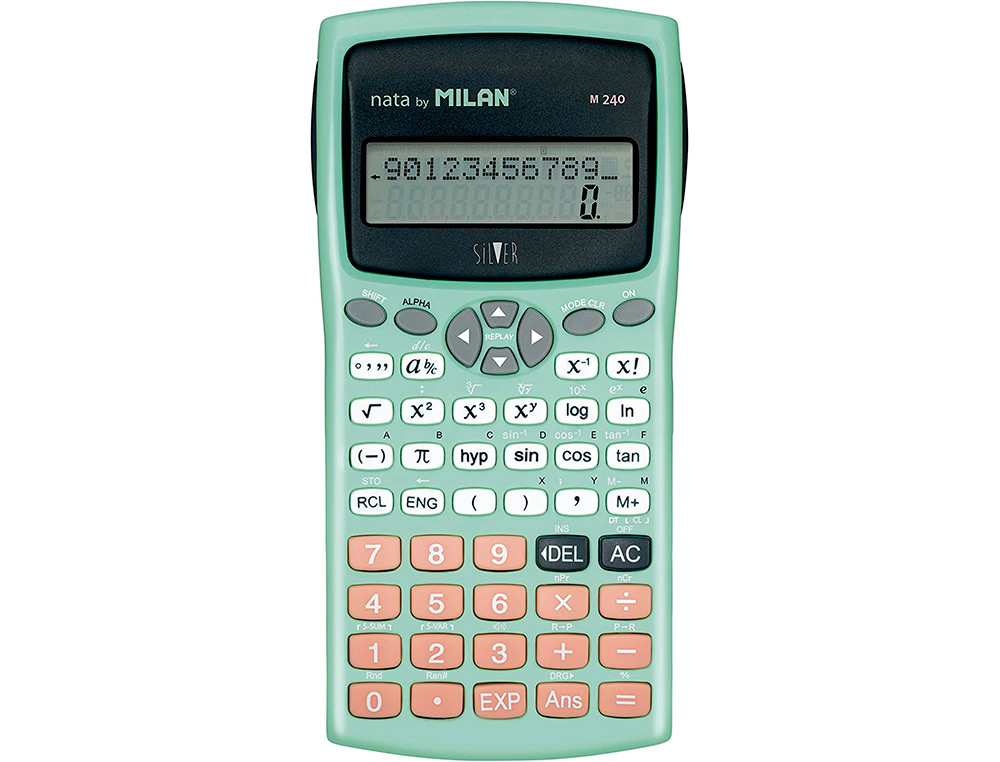 CALCULADORA MILAN CIENTIFICA M240 SILVER 2 LINHAS 240 FUNCOES 10+2 DIGITOS COR VERDE TURQUESA COM TAMPA COR PRATA